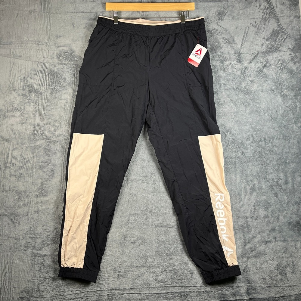 Reebok Focus Track Pants Womens Large Black Beige Mesh Lined Woven Drawstring